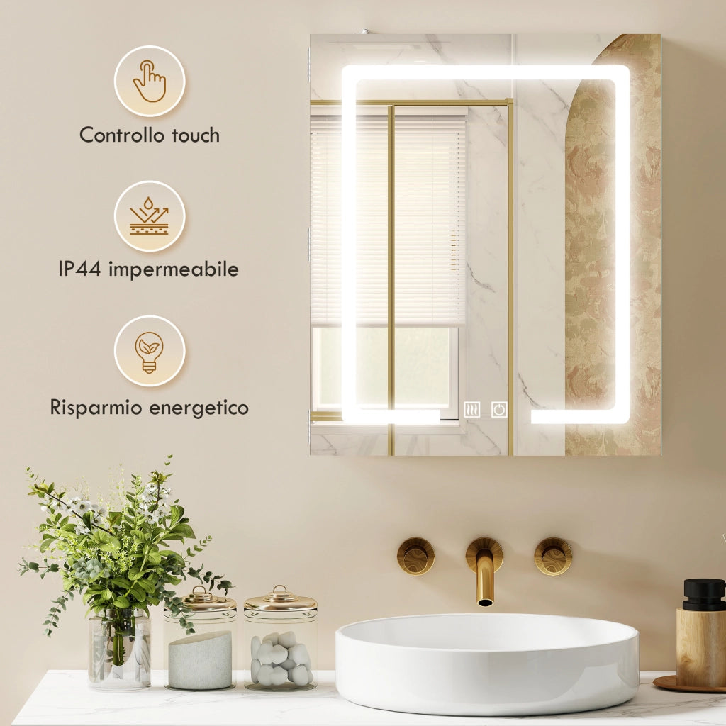 Armadietto Bagno con Specchio 50x15x60 cm Luce LED Regolabile e Sistema Antiappannamento in MDF Bianco