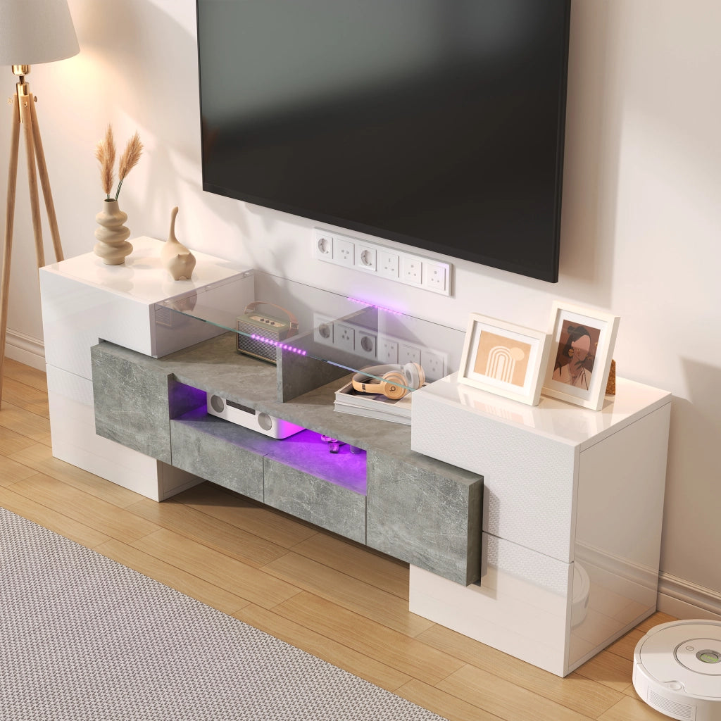 OKWISH Mobile TV con 6 Ante, 2 Cassetti, 3 Vani e LED, Finitura Lucida per Soggiorno, Bianco, 145x30x51 cm
