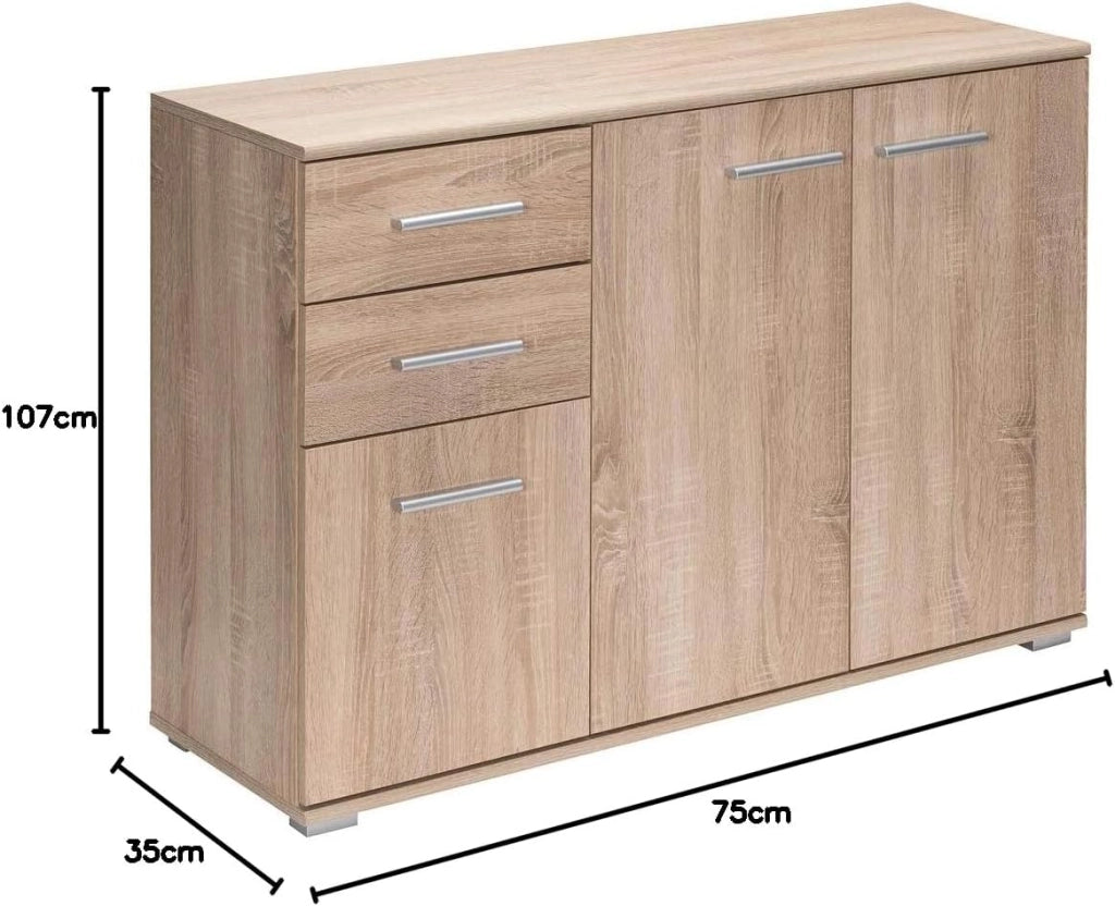 Cassettiera Alba 3 Ante con Ripiani 2 Cassetti 107x75x35cm Comò Armadietto Ufficio Mobiletto