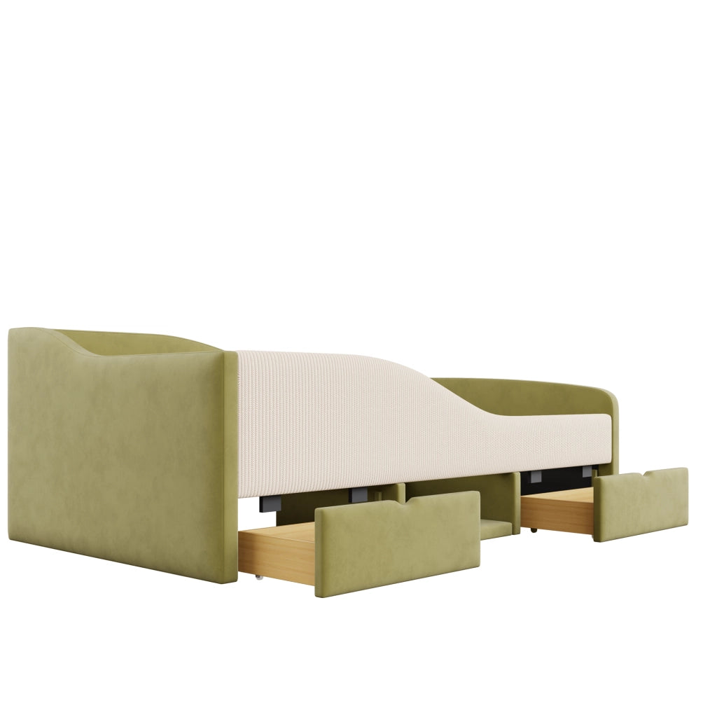 Letto per bambini 90 × 190 cm con due cassetti, sponde di sicurezza et vano portaoggetti, senza materasso, verde e avorio