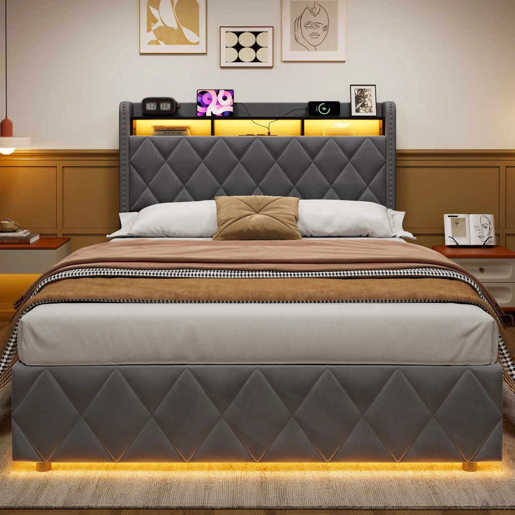 Letto matrimoniale imbottito contenitore grigio scuro 140x200 cm con LED e dock USB