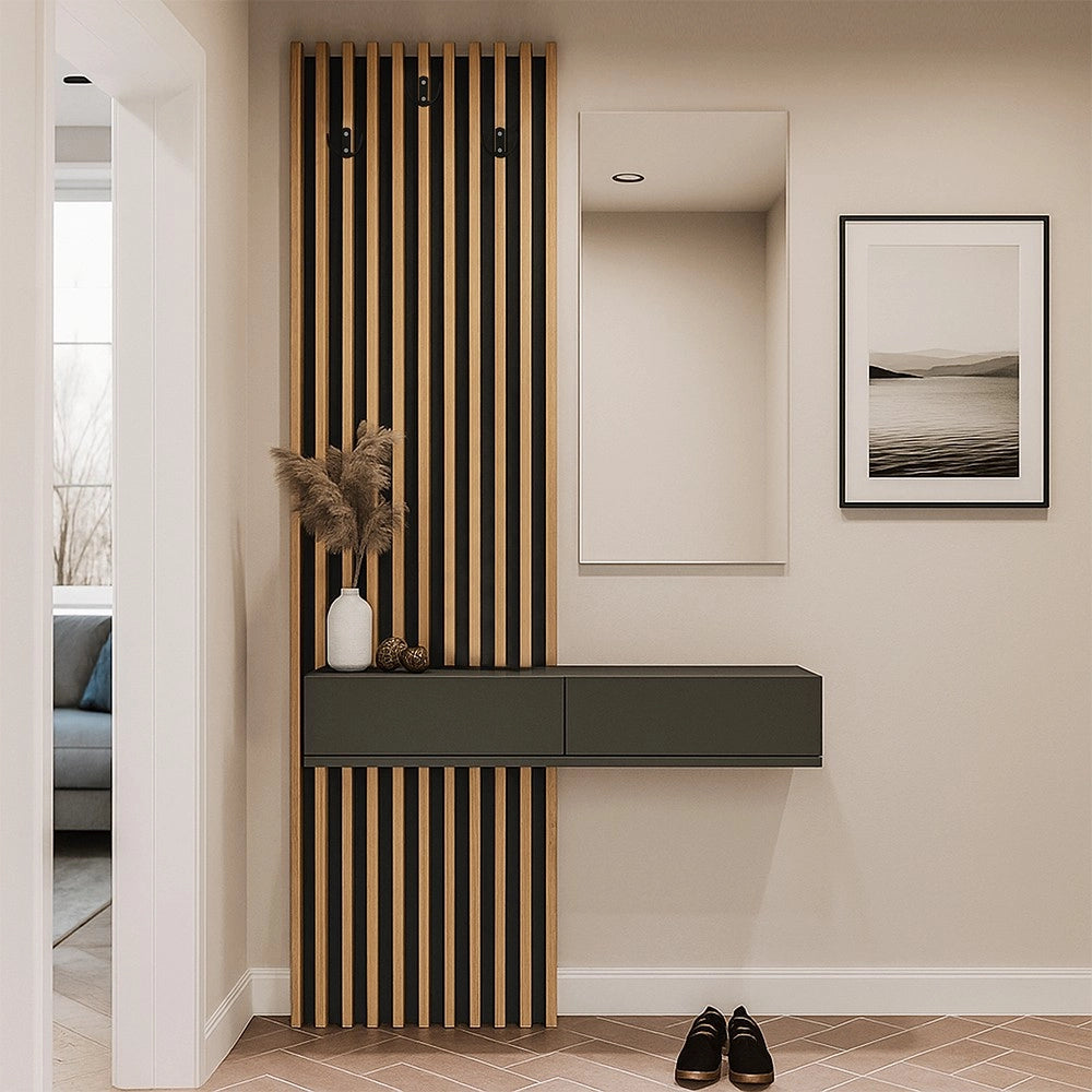Mobile ingresso Elois con 3 ganci appendi abiti e specchio in colore antracite e rovere