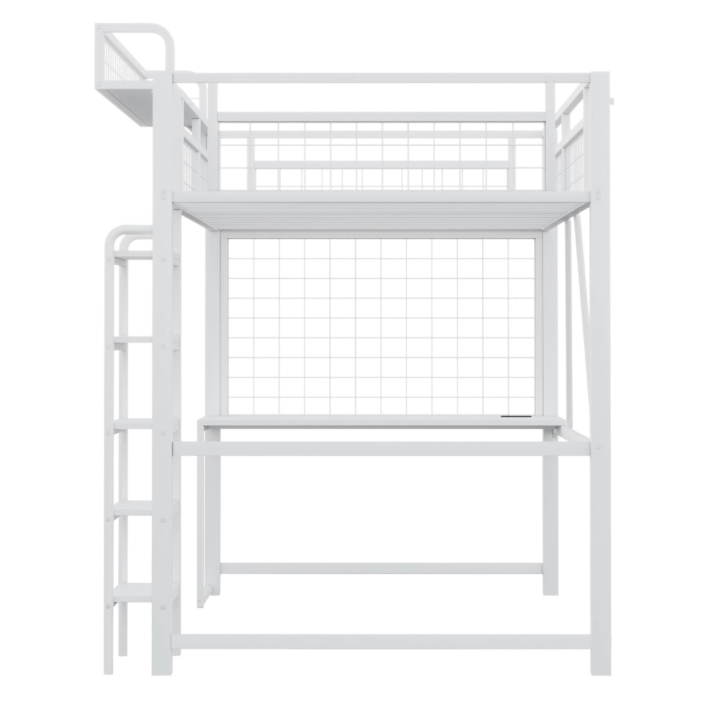 Letto a soppalco in metallo 90 x 200 cm con scrivania; LED; presa e scala; bianco