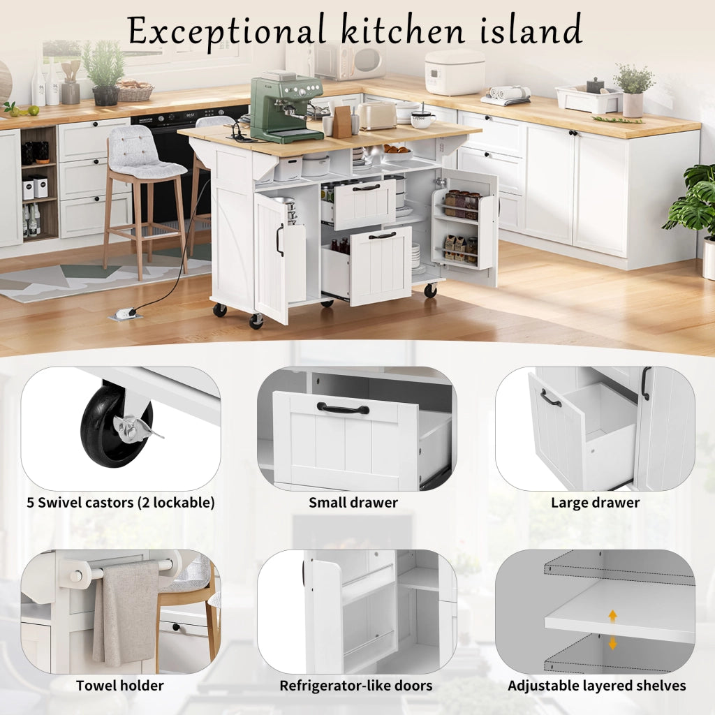 Carrello da Cucina con 2 Ante; 2 Cassetti; Piano Pieghevole; Prese e Portasciugamani; in MDF; Bianco e Naturale