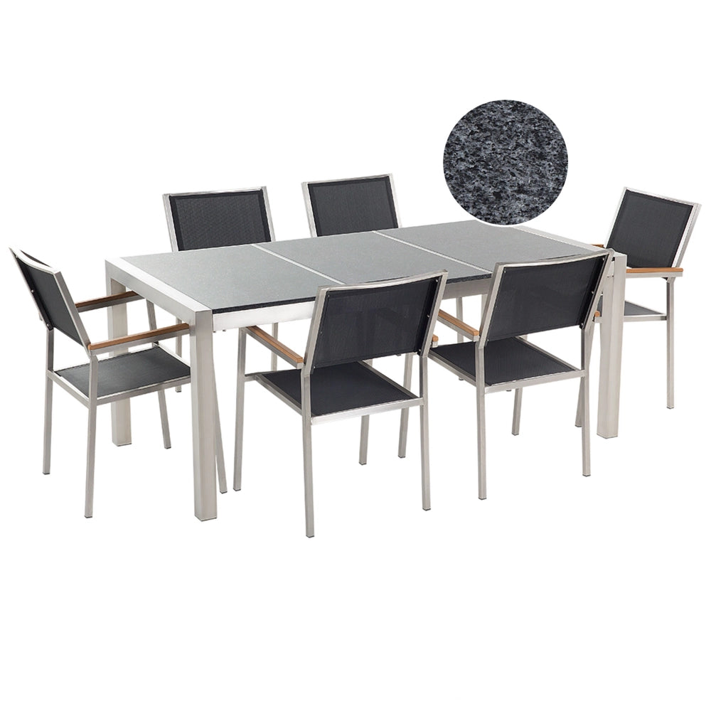 Set da pranzo da giardino Nero con piano in granito grigio 6 posti 180 x 90 cm