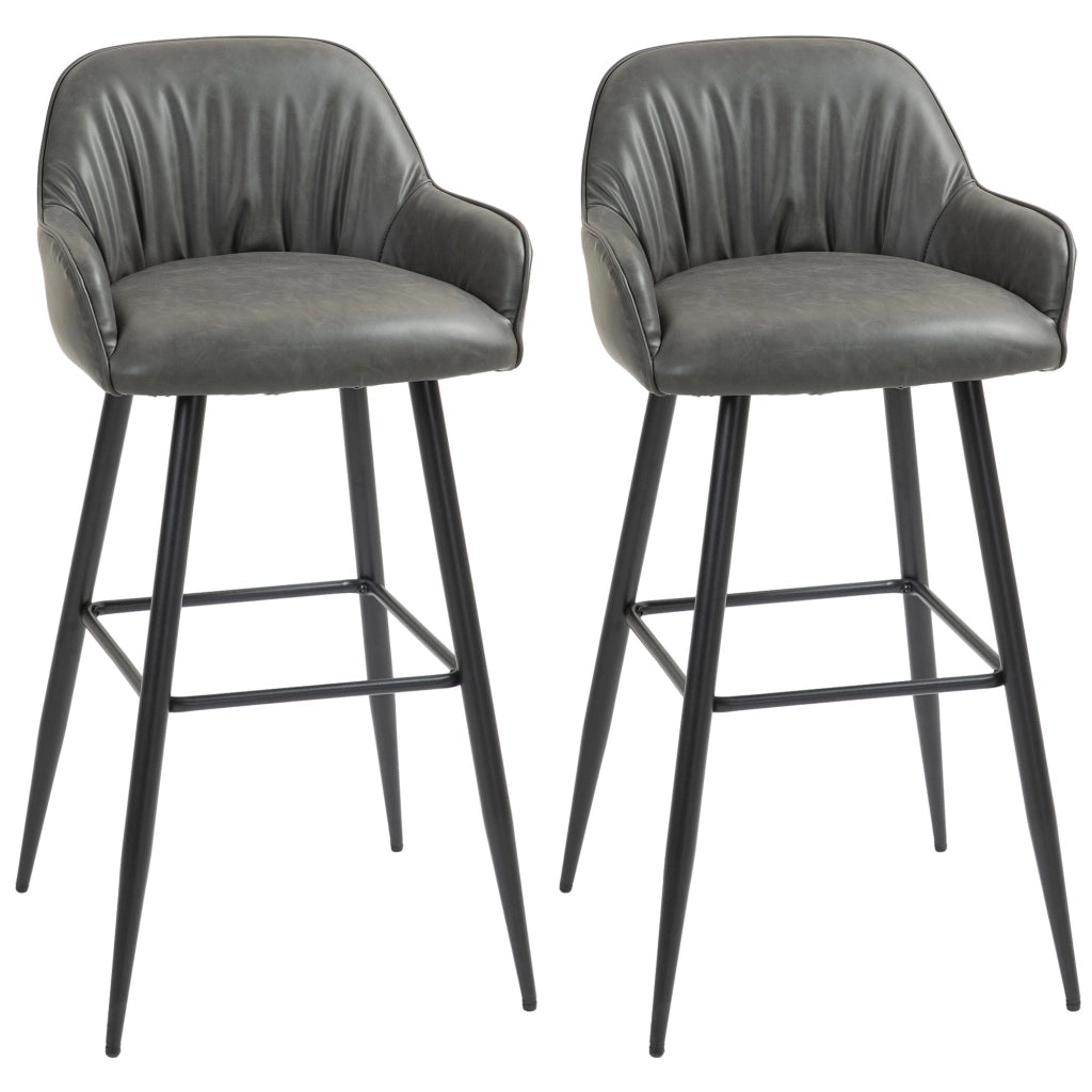 Set 2 Sgabelli da Bar Moderni con Poggiapiedi e Schienale, Finta Pelle PU e Acciaio, Grigio