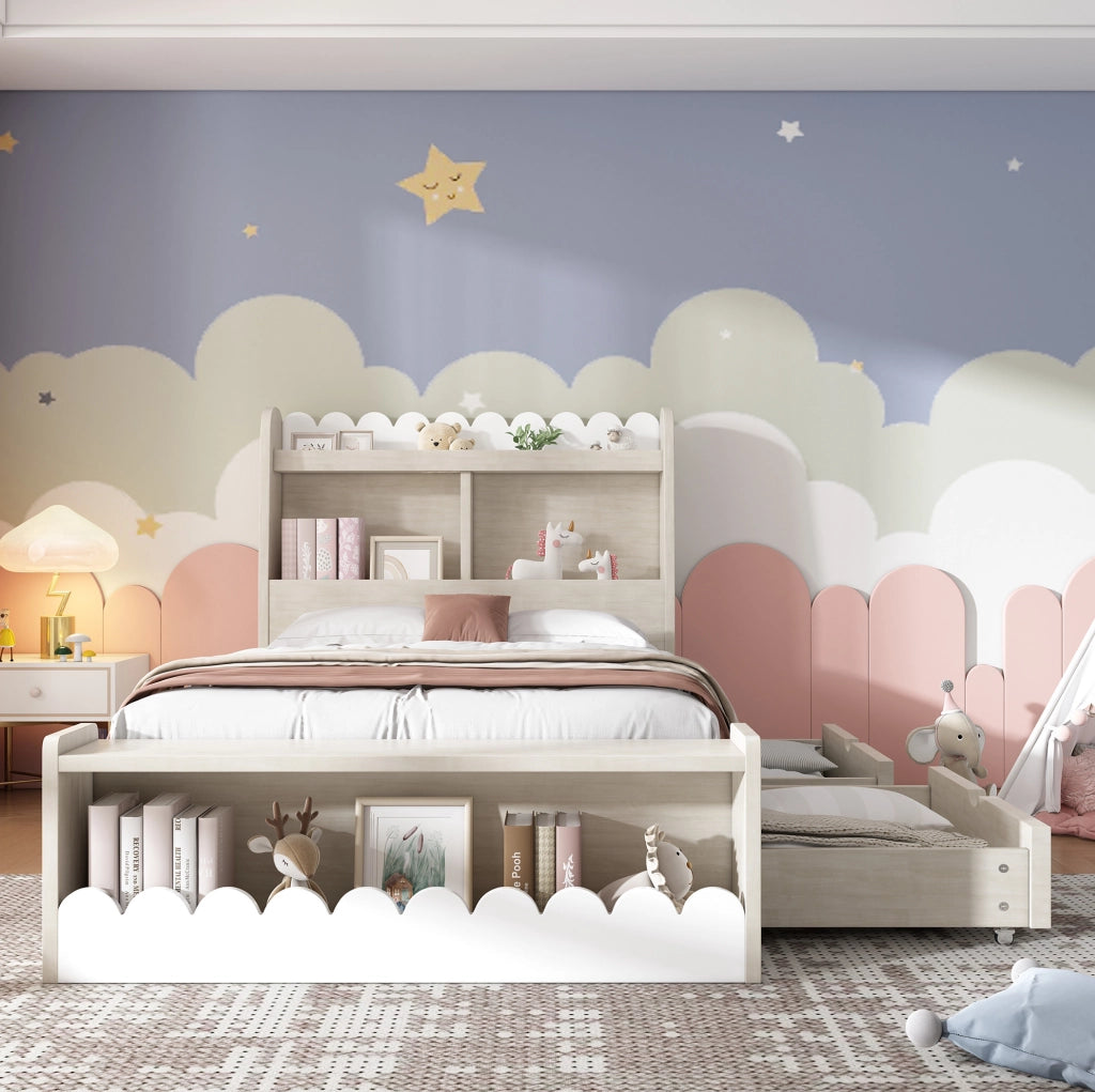 Letto singolo 90x200 cm con 2 cassetti; ripiani integrati e struttura in legno bianco effetto quercia