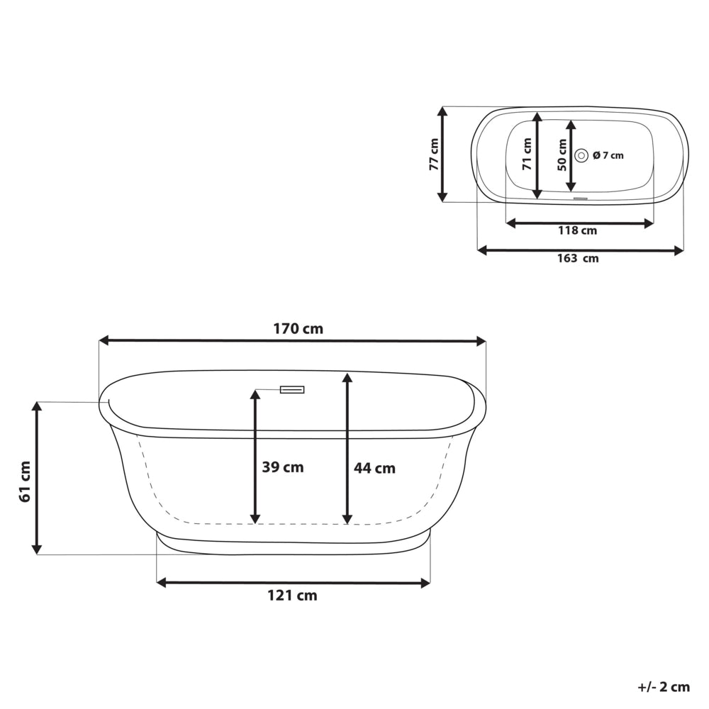 Vasca da bagno freestanding bianco sanitario ovale in acrilico singolo 170 x 77 cm dal design moderno
