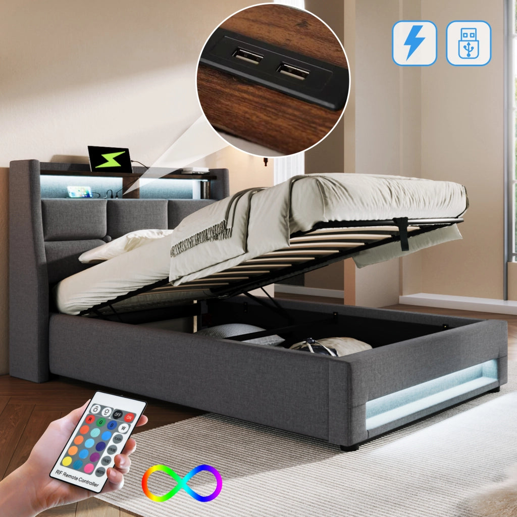 LETTO imbottito 90x200 cm grigio con LED, USB e struttura in lino