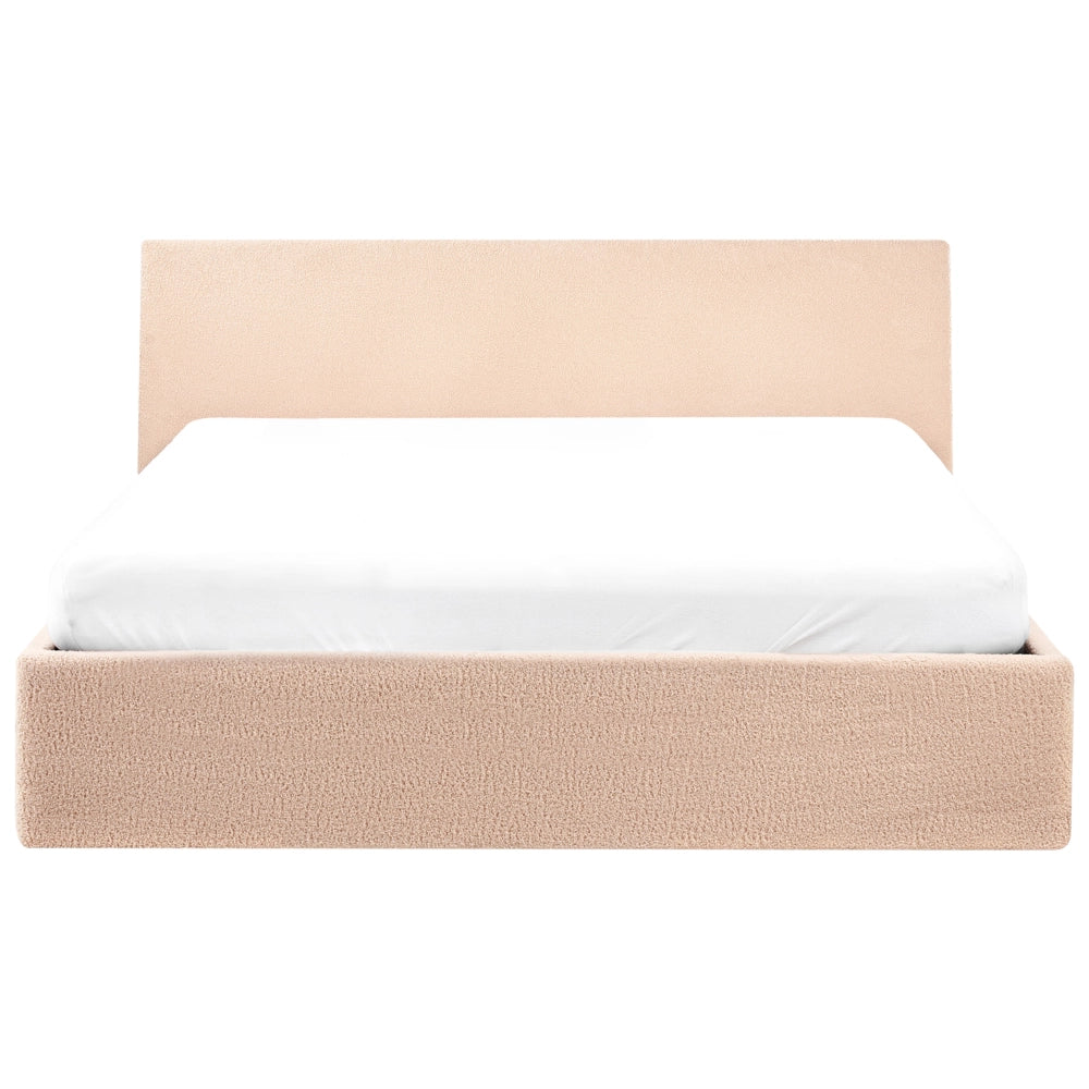 Letto imbottito in bouclé beige 140 x 200 cm con contenitore per testata elevabile