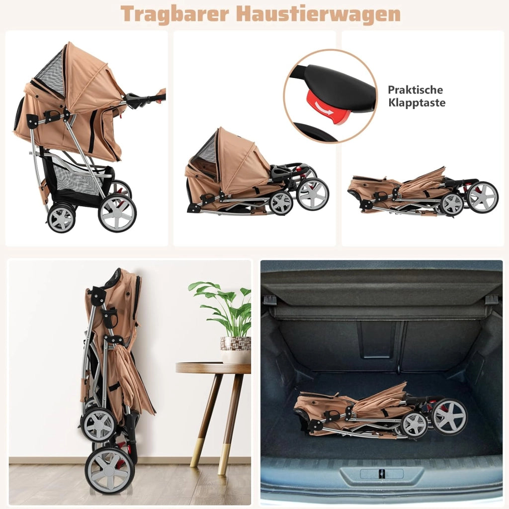 Passeggino per Cani e Gatti Pieghevole Fino 15 kg, Carrello per Animali Domestici, Trasportino Carrozzina Portatile da Viaggio e Passeggio con Tettuccio per Cuccioli, 87 x 46 x 102 cm (Beige)