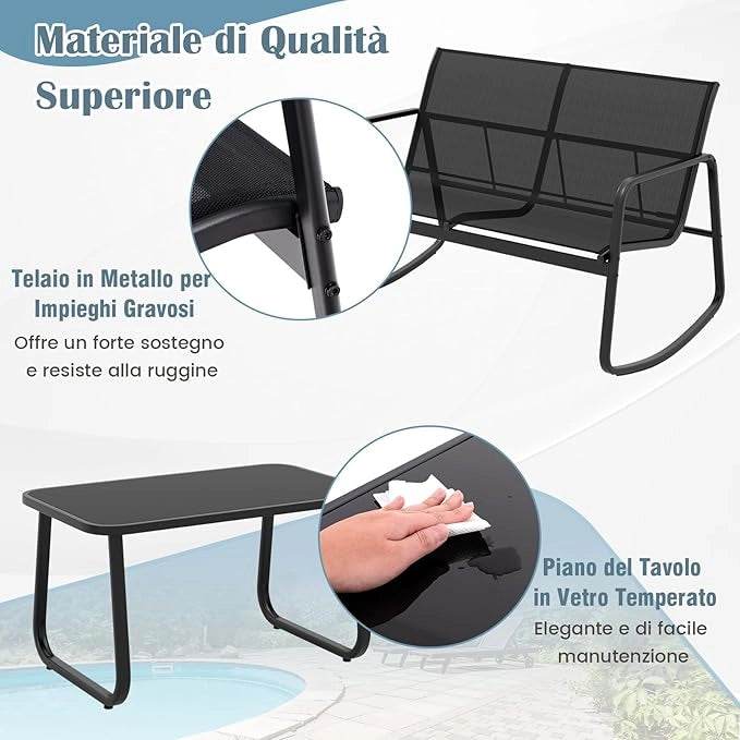 Set da Giardino 4 Pezzi in Tessuto Textilene, Set da Bistrò da Patio, Set tavolo e sedie con Tavolino in Vetro, 2 Sedie e Divanetto a Dondolo, per Giardino Coltile (Nero)