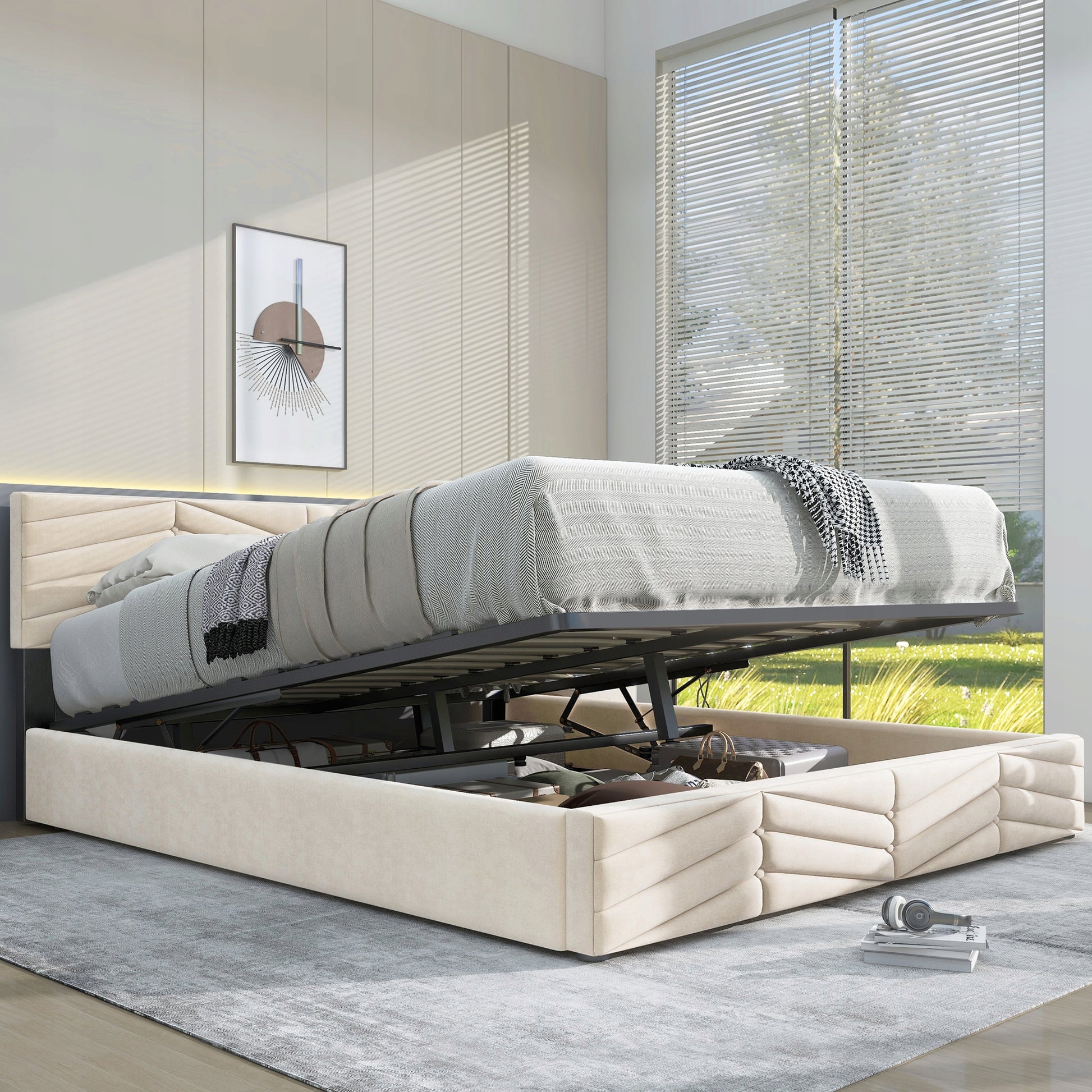 Letto matrimoniale 140x190cm - Xylo - Tessuto velluto olandese, struttura, colore beige