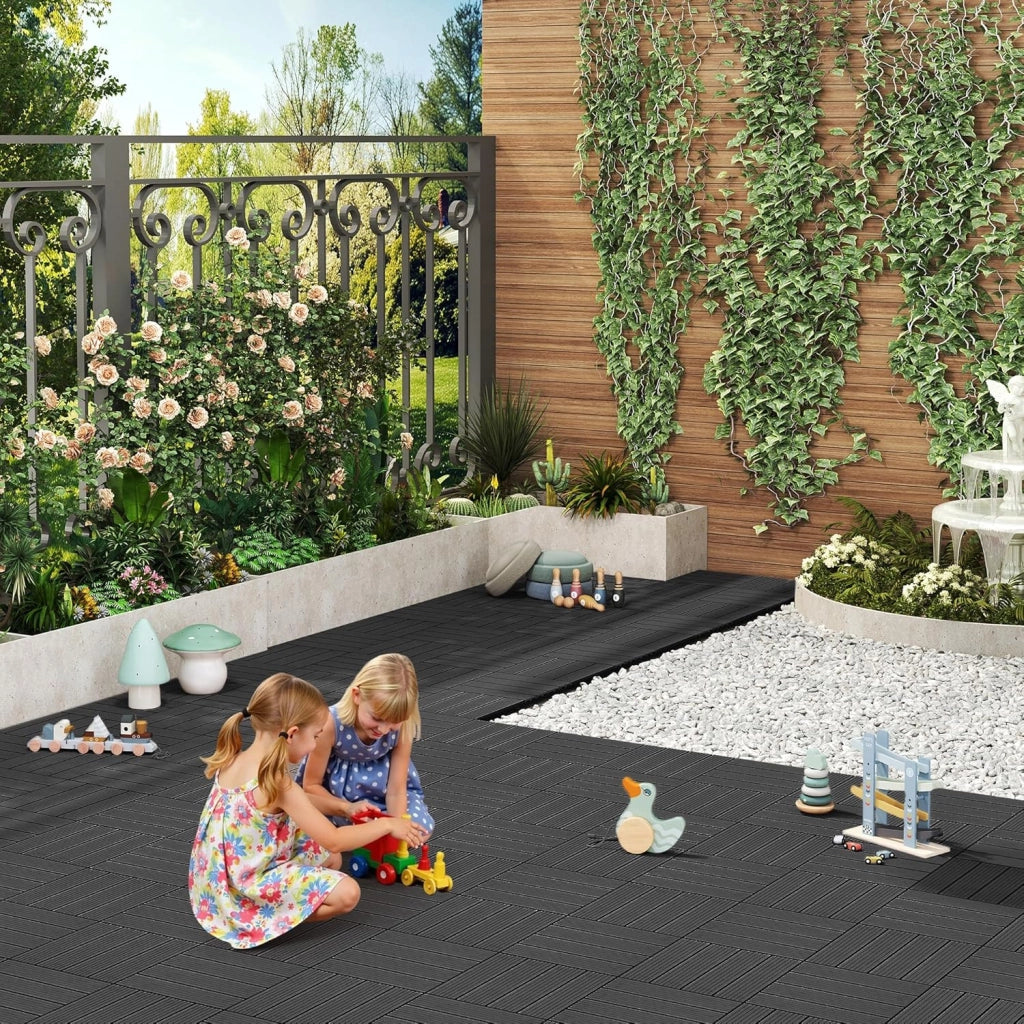 WOLTU Piastrelle per Pavimenti da Esterno Balcone/Giardino/Terrazza Pavimentazione ad Incastro in WPC, Legno Composito, con 11 Pannelli da 30x30 cm Antracite