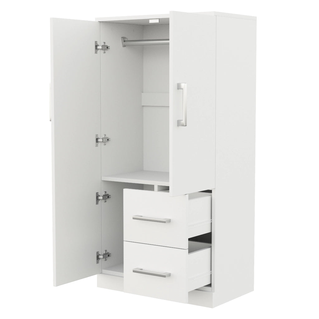 Armadio con 2 ante e 2 cassetti, vano contenitore, per camera da letto, bambini e ragazzi, in legno, bianco, 70 × 40 × 135 cm