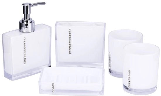 Set accessoriato per la camera da bagno 4 pezzi - Dispensatore di sapone - Orecchiera per spazzolino da denti - Boccale per dentifricio - Materiale di alta qualità plastico.