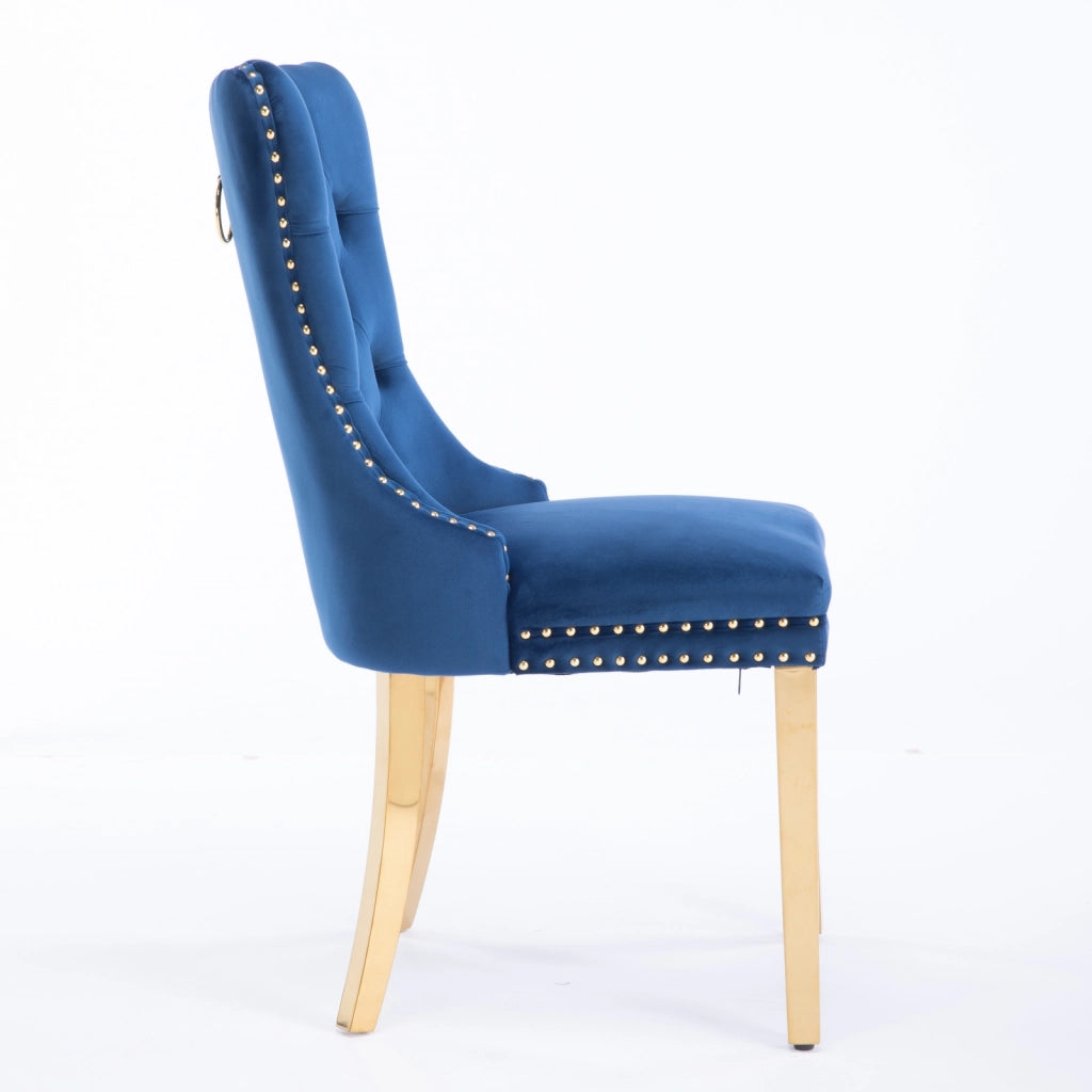 Sedie da Pranzo Imbottite in Velluto ¨C MINIMAL ¨C Set 2, Legno Massello, Gambe Oro, Blu