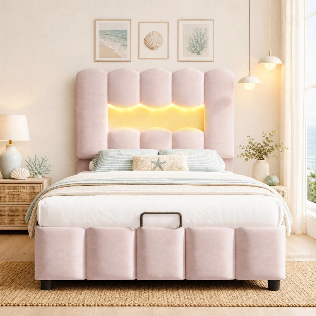 Letto imbottito 90x200 cm rosa con LED e contenitore
