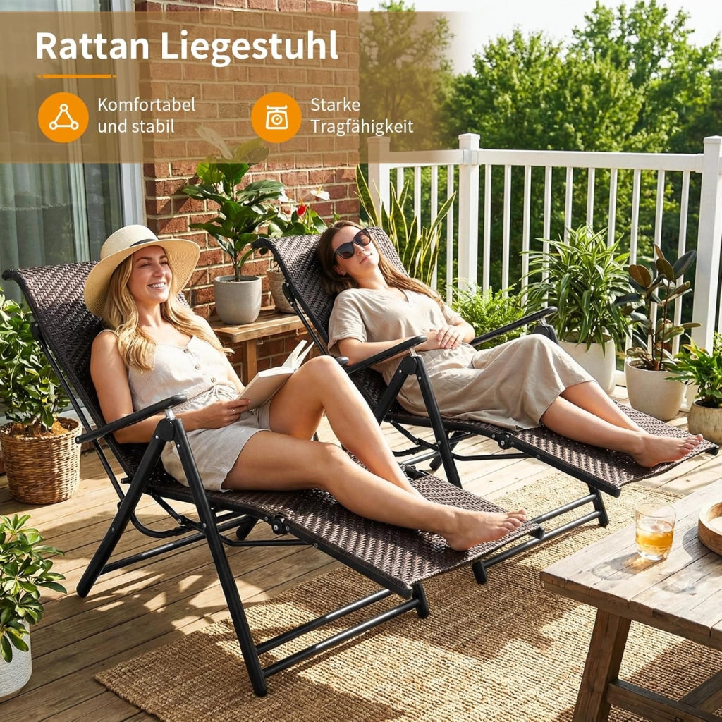 2 sedie a sdraio in rattan con poggiapiedi, sedie pieghevoli resistenti alle intemperie, con schienale regolabile in 7 posizioni, per balcone, giardino e terrazza