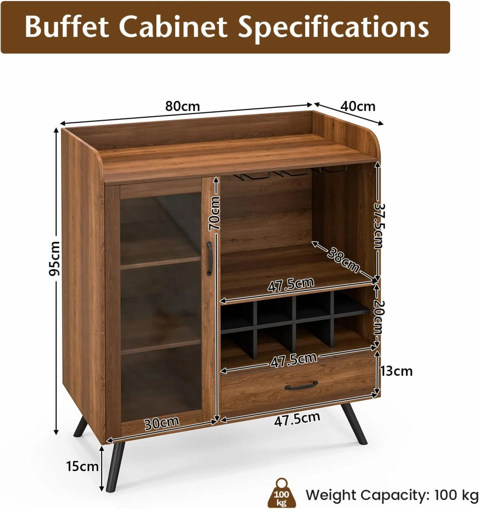 Credenza da Cucina Industriale, Armadietto per Vino a Buffet con Armadietto per Vino per 8 Bottiglie, Stile Industriale，40 x 80 x 95 cm