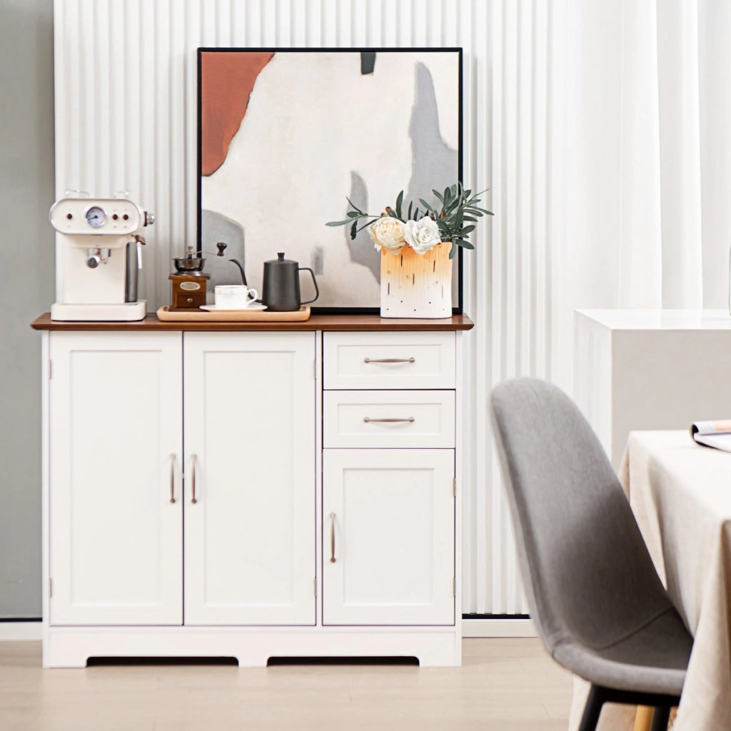 Armadio di stoccaggio moderno con 2 ante e 2 cassetti, Credenza buffet con ripiano regolabile per cucina Bianco-Credenze buffet