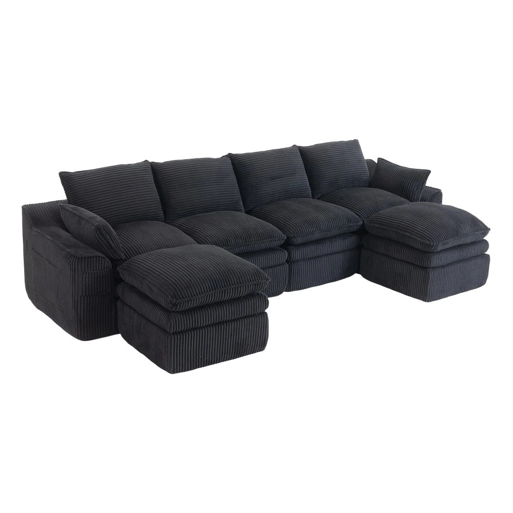 Divano Modulare 4 Posti con 2 Pouf ¨C Xylo ¨C Nero, Tessuto a Coste, Cuscini e Tasche Laterali