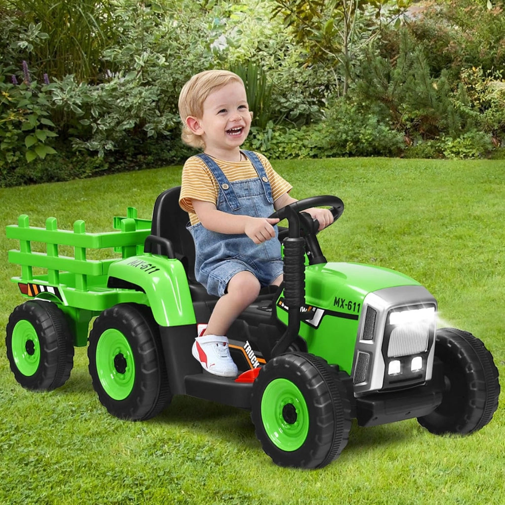 Trattore con Rimorchio Cavalcabile per Bambini 12V, Trattore Elettrico Telecomandato, con Luci e Suoni, 30kg, 3+ Anni (Verde)