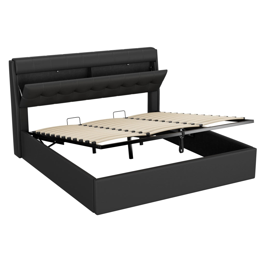 Letto imbottito elegante - Zephmum - 180x200 - Nero - Idraulico, ripiano testata nascosto, cassone