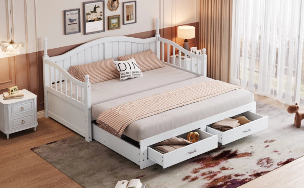 DESMIU Letto estraibile 90 × 190 cm 2 posti con 2 cassetti e schienale curvo, senza materasso, in legno, bianco