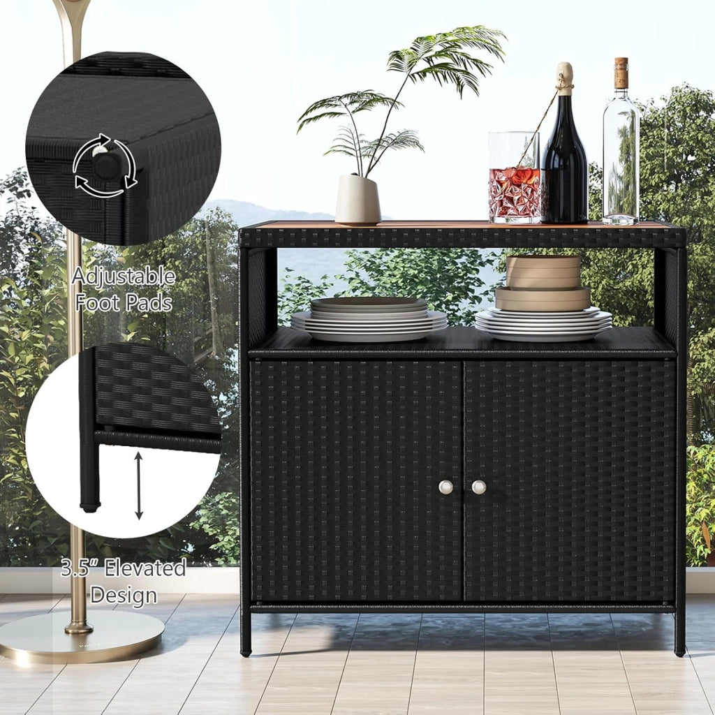 Armadietto da Giardino in Rattan con Piano di Lavoro e Scaffale, Ideale per Esterni, Giardino, Balcone e Piscina, 90 x 53 x 66 cm