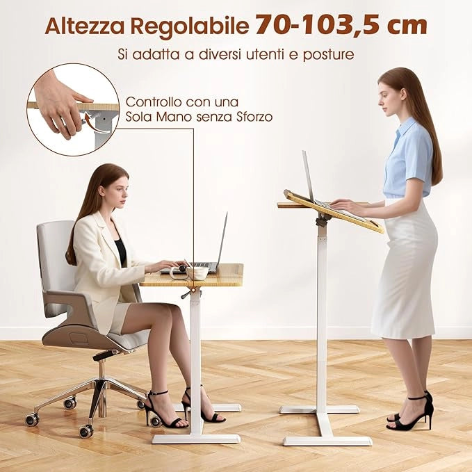 Tavolo per Computer, Tavolino Portatile e Regolabile in Altezza con Piano Inclinabile e 2 Fermi, Desk a Forma di C con Ruote per Camera da Letto e Ufficio, 68 x 49 x 70-103,5 cm