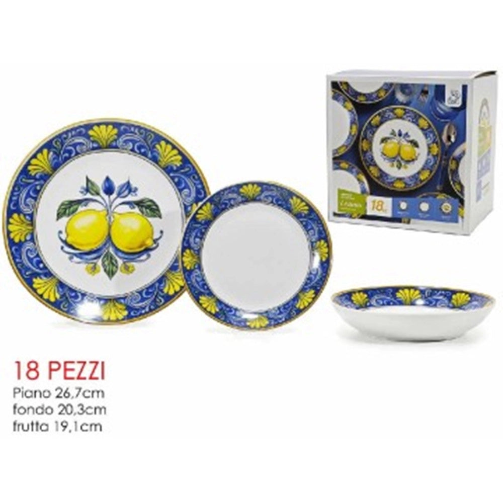 Trade Shop - Set Servizio Di Piatti In Porcellana 18 Pz Decorazione A Limoni Con Maiolica Da Tavola -