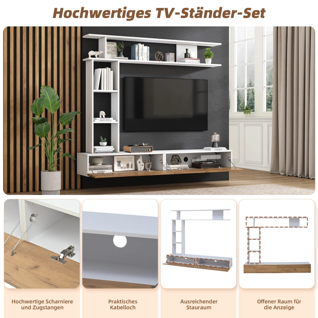 Mobile porta TV con 2 ante e vani aperti, per soggiorno, in truciolare, bianco e effetto legno, 180 × 35 × 22,5 cm