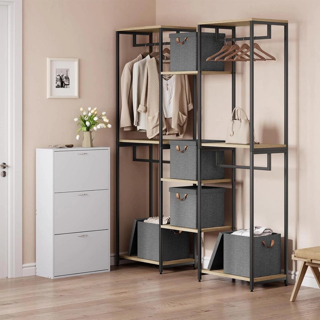 Scatole Contenitori Pieghevoli Set di 10, Cubi in Tessuto con Manico, Coperchio e Struttura in Metallo, Organizer per Armadio e Scaffale, Grigio, 33x33x31,5cm