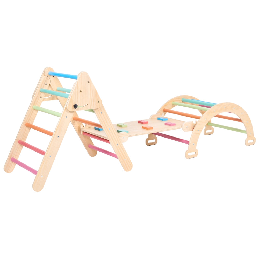 Set triangolo Pikler 3 in 1 in legno di pino marrone chiaro con arco da arrampicata e rampa per cameretta
