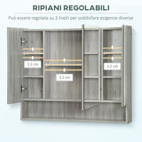 Armadietto a Specchio per Bagno con Ripiani Regolabili 3 Porte e Mensola 90x15x75 cm Grigio