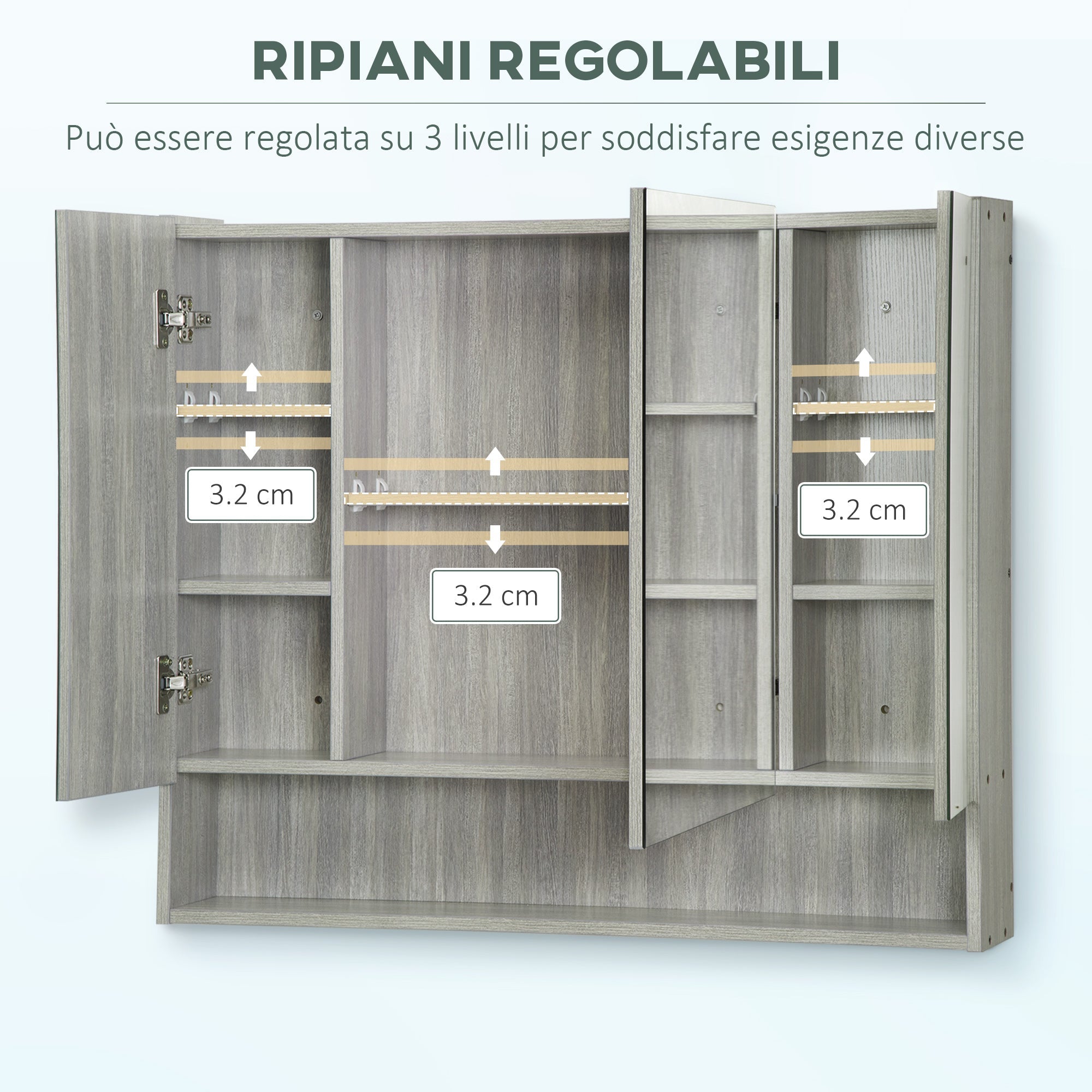 Armadietto a Specchio per Bagno con Ripiani Regolabili 3 Porte e Mensola 90x15x75 cm Grigio