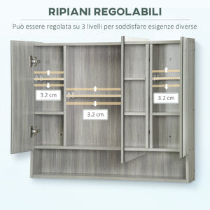 Armadietto a Specchio per Bagno con Ripiani Regolabili 3 Porte e Mensola 90x15x75 cm Grigio
