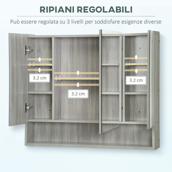 Armadietto a Specchio per Bagno con Ripiani Regolabili 3 Porte e Mensola 90x15x75 cm Grigio