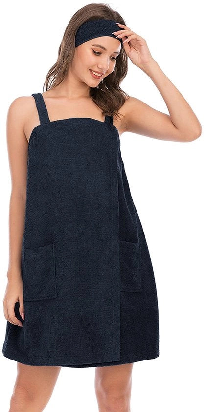 Abbigliamento per il bagno per donna con cappuccio e cintura regolabile per sport, docce, centri benessere e spiagge, nero L