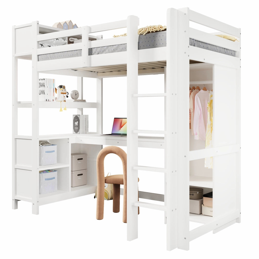 LETTO A CASTELLO CON SCRIVANIA, RIPIANI E ARMADIO 90x200 cm, Bianco