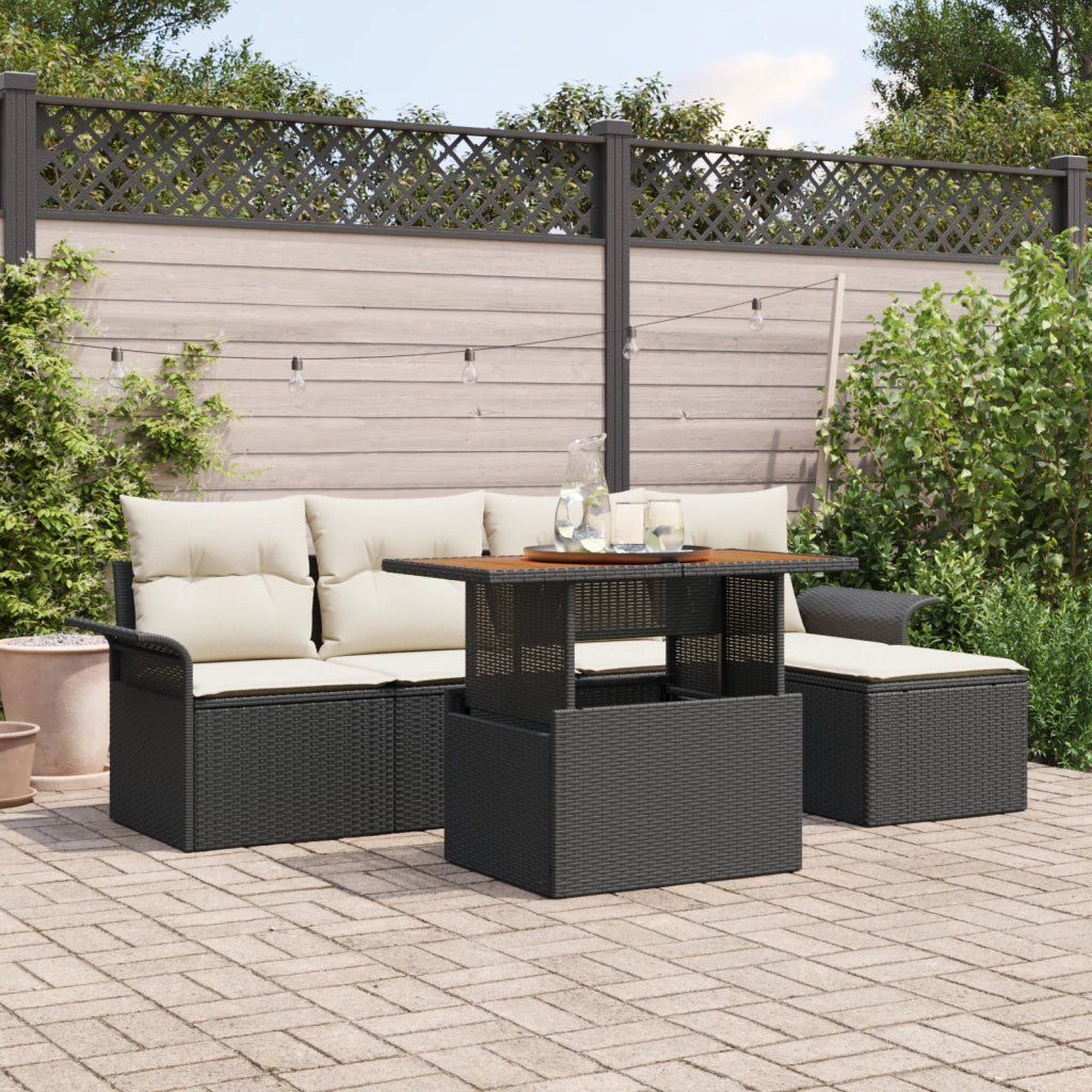 Set da Pranzo da Giardino a 6 Pezzi con Cuscini Nero Polyrattan Acacia