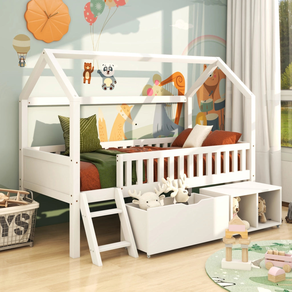 Letto a casetta per bambini 90x200 cm bianco in pino