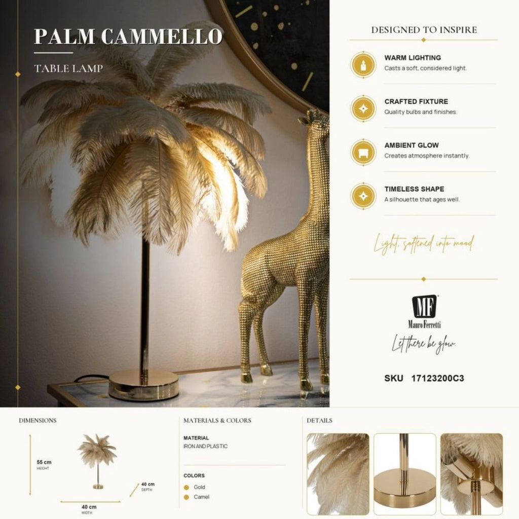 Lampada da tavolo Palm cammello in metallo dorato con piume di struzzo