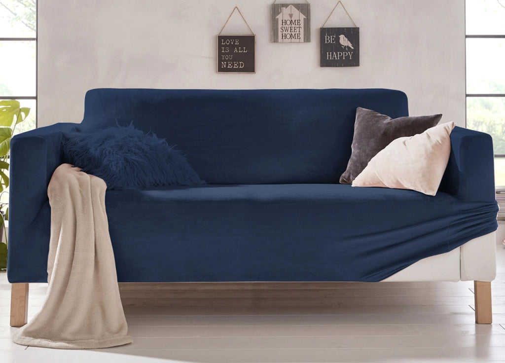 Copridivano Elasticizzato Effetto Velluto Modello Morbidissimo Colore Blu - 2 Posti - Blu