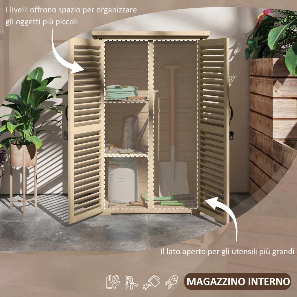 Armadio da Esterno Portaoggetti a 2 Ripiani con Picchetti. in Legno di Abete. 75x50x111/118 cm