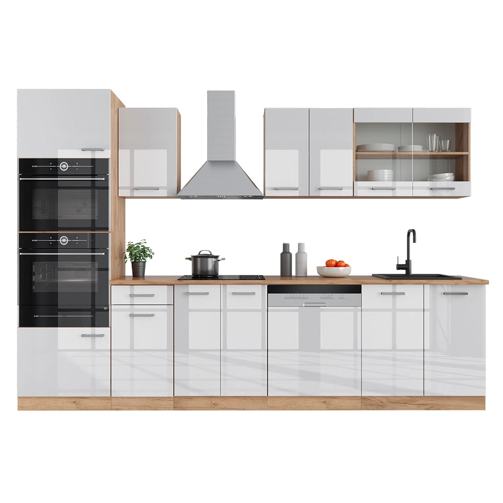 Vicco Cucina componibile Bianco lucido/oro power oak 300 cm con armadio alto, PL Marmo