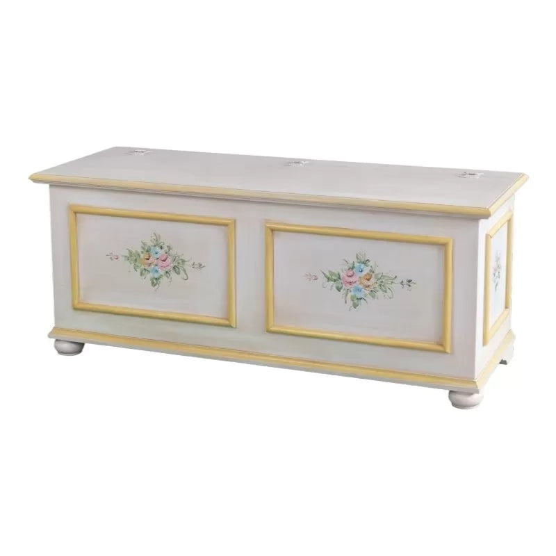 Cassapanca in legno shabby bianco anticato decoro filo giallo 116,5x40,5x46 - Mobili 2G