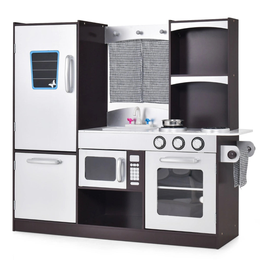 Set cucina in legno per bambini, Cucina gioco con frigorifero giocattolo lavagna forno fornelli a gas 97x30x95cm