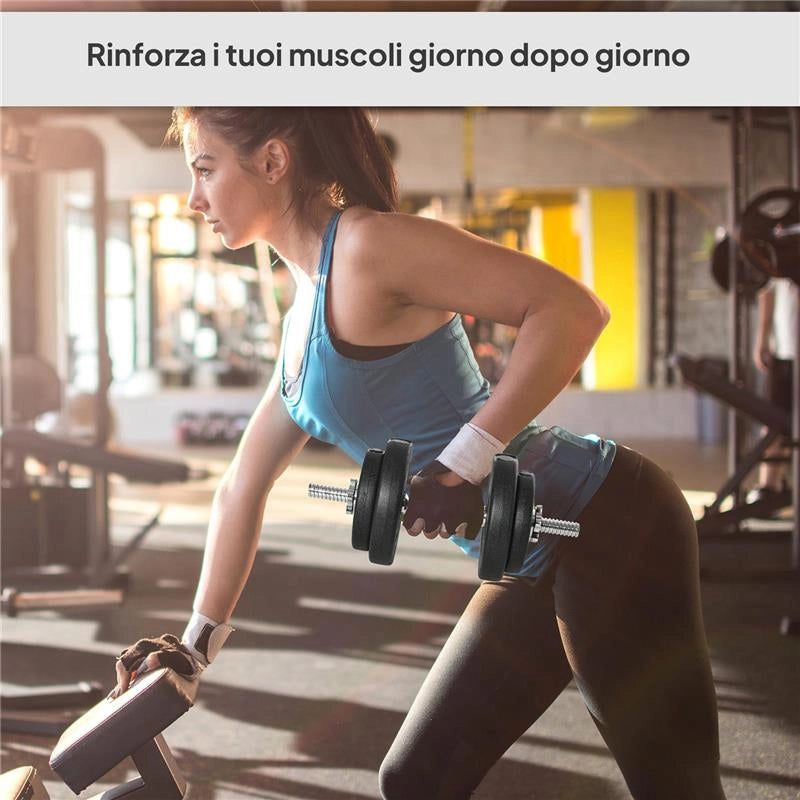 SET MANUBRI PESI 20 KG (4X2.5 KG, 4X1.5 KG) CON 8 DISCHI E 2 MANUBRI DA 2 KG, 43X18X7.5 CM, NERO